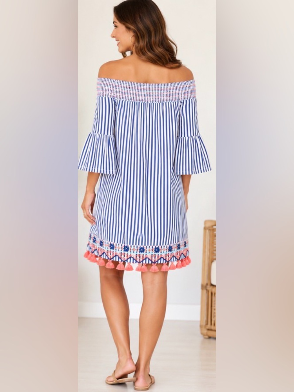 Cabana Life St. Barts Coverluxe Smocked Dress Tassel Hem Off Shoulder Small NWT - Picture 3 of 15